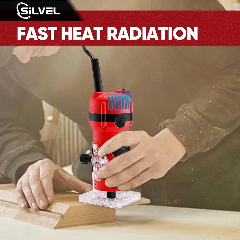 SILVEL Wood Router, 800W Wood Routers for Woodworking, 6.5Amp 1.25HP Hand Wood Router Tool, 30000R/MIN Compact Edge Trimmer with 15 1/4" Router Bit Set, Red - Image 4